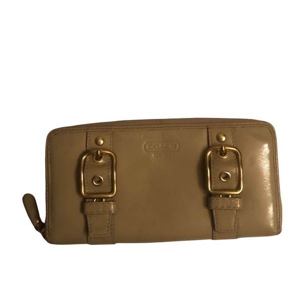 Coach light gray taupe clutch zipper wallet with buckle details - Picture 1 of 15